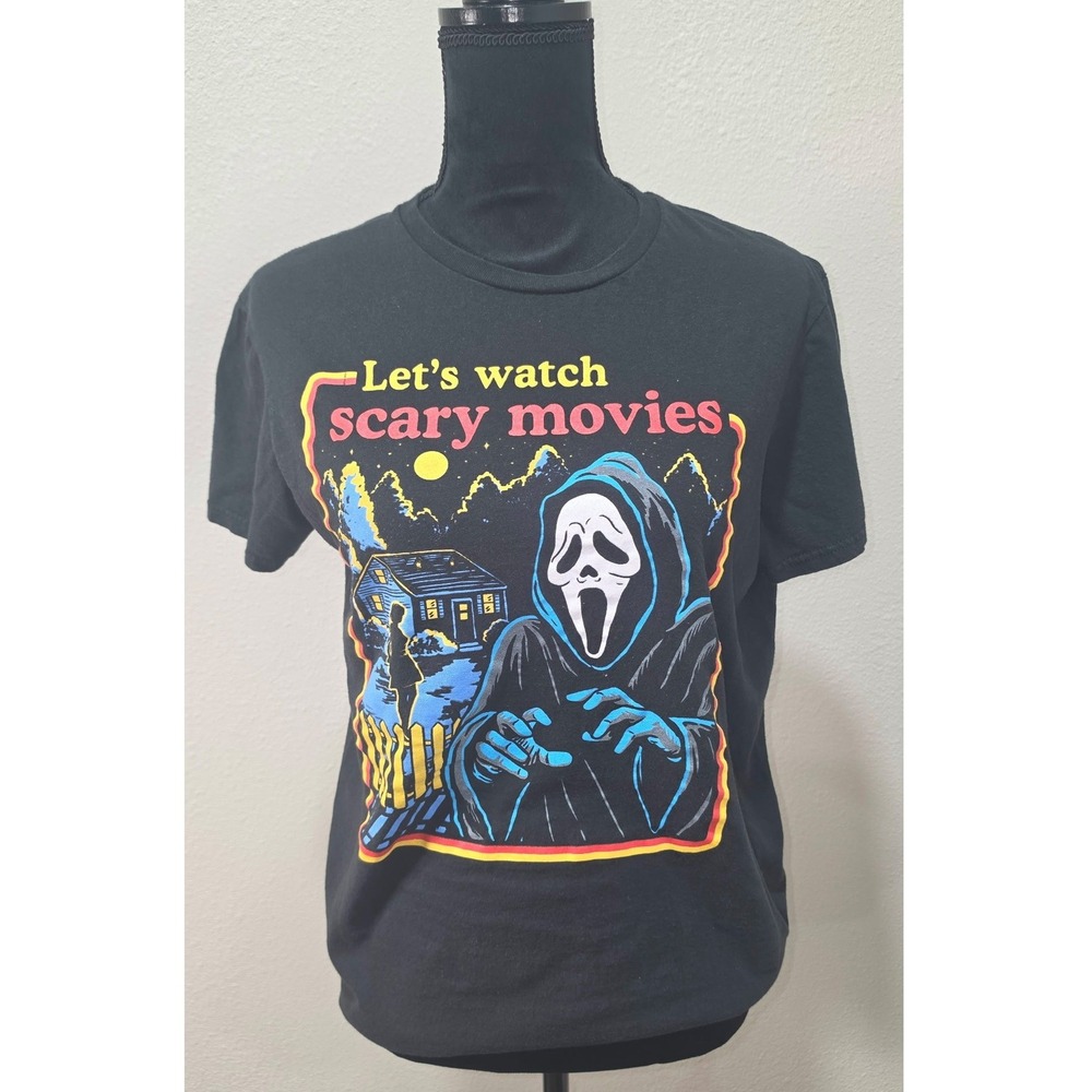 Ghost Face Lets Watch Scary Movies Graphic T-Shirt Black Medium Horror Halloween